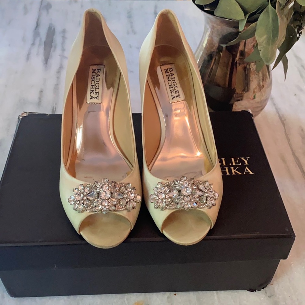 Badgley Mischka Ivory Satin crystal embellished peep toe wedge heels